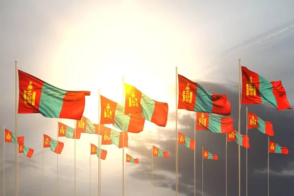 Aranyos Sok Mongólia Zászlók Egy Sorban Naplemente Ingyenes Hely Tartalom — Stock Fotó