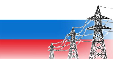 Rusya enerji hattı vektör kavramı 3 elektrik yüksek voltaj kutupları bayrak arka planı üzerinde kırmızı, mavi, beyaz