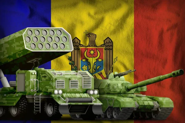 Artilharia Tanque Foguete Com Camuflagem Pixel Verão Fundo Bandeira Moldávia — Fotografia de Stock