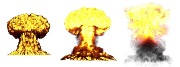 3大非常非常详细的不同阶段超级炸弹的蘑菇云爆炸与烟雾和火隔离在爆炸的白色三维例证 — 图库照片