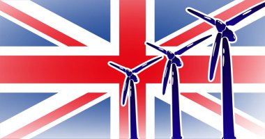 Birleşik Krallık 'ta (İngiltere) rüzgar alternatif enerjisi vektör illüstrasyon rüzgar jeneratörü bayrak arka planında mavi, kırmızı, beyaz