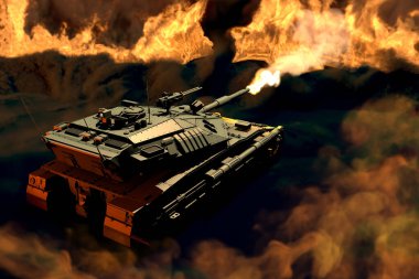 3D Orman kamuflaj askeri tankı hayali tasarımı ile ateş ve duman etrafında saldırıyor, zafer konsepti