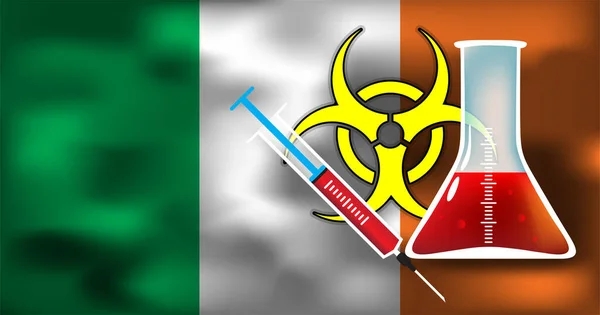 病毒感染或细菌感染对爱尔兰病媒医学概念的威胁 用注射器说明生物危害迹象 并瞥见国旗背景 — 图库矢量图片