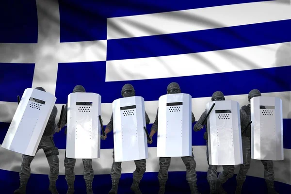 希腊警察特种部队保护国家不受示威 抗议停止概念 国旗背景下的军事3D图解 — 图库照片