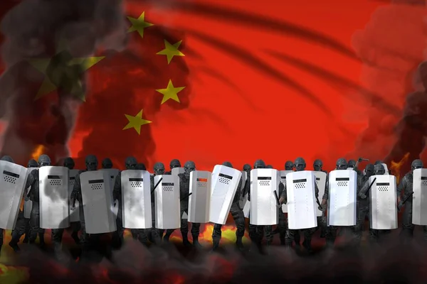 China protest fighting concept, police special forces in heavy smoke and fire protecting law against demonstration - military 3D Illustration on flag background