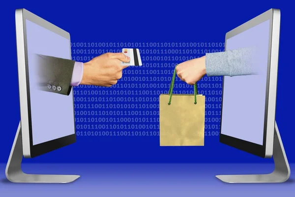 computer concept, hands from displays. hand with credit card and hand with shopping bag . 3d illustration