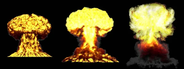 3个巨大而详细的不同阶段的蘑菇云雾核炸弹爆炸 其烟雾和火焰在黑色三维爆炸图解中被隔离 — 图库照片