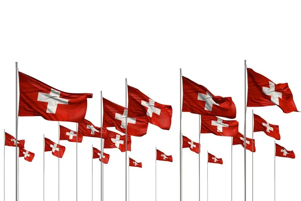 Vacker Många Schweiz Flaggor Rad Isolerade Vitt Med Ledigt Utrymme — Stockfoto