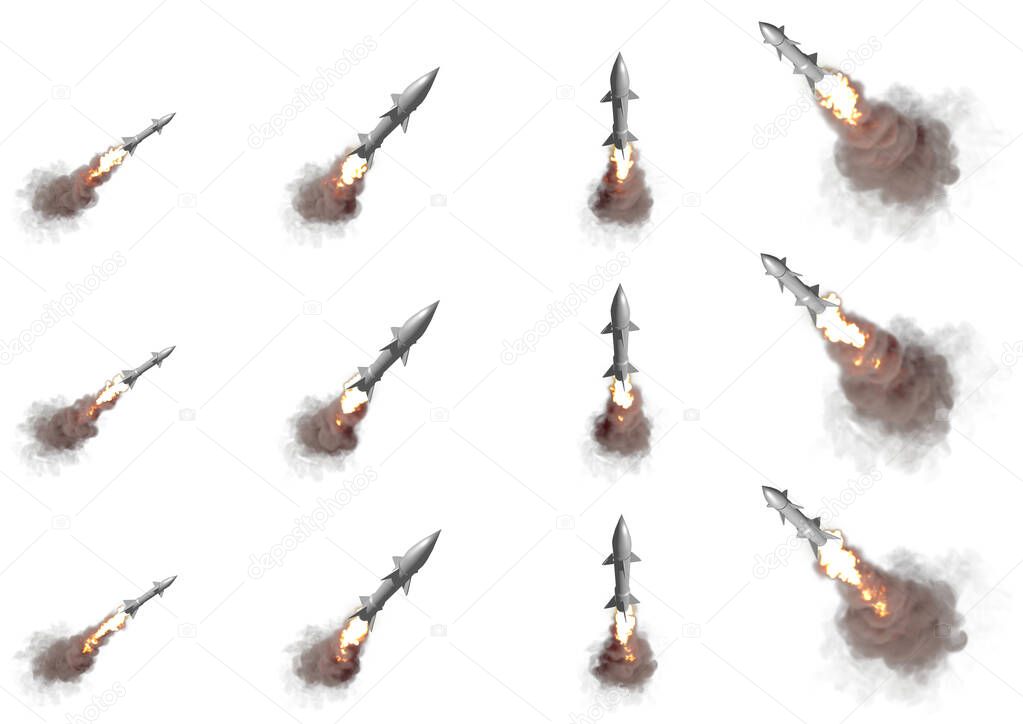 Military 3D Illustration, 12 cg images of supersonic missiles flying isolated on white background - modern strategic nuclear rocket weapons concept