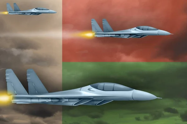 Madagascar air strike concept. Modern war airplanes attack on Madagascar flag background. 3d Illustration