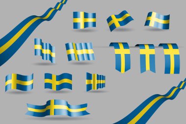 Birçok İsveç bayrağı, bayrak sallayan ve mavi renkte yer imleri, marş için sarı vektör illüstrasyonu, bayrak günü veya herhangi bir ulusal kutlama