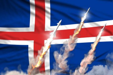 İzlanda balistik füze fırlatması - bayrak kumaşı arka planında modern stratejik nükleer silahlar kavramı, bayraklı askeri endüstriyel 3D illüstrasyon