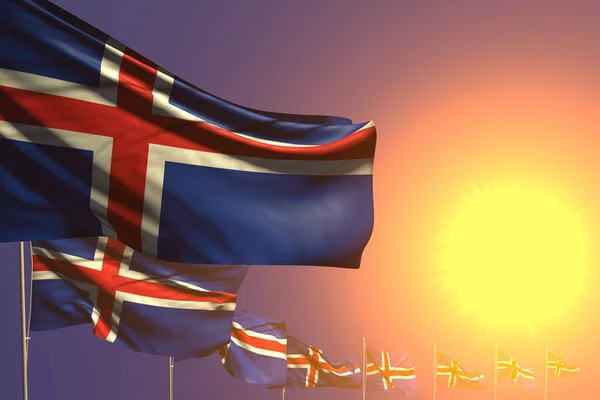 nice many Iceland flags placed diagonal on sunset with space for your text - any holiday flag 3d illustration