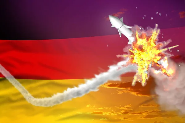 Strategic rocket destroyed in air, Germany ballistic missile protection concept - missile defense military industrial 3D illustration