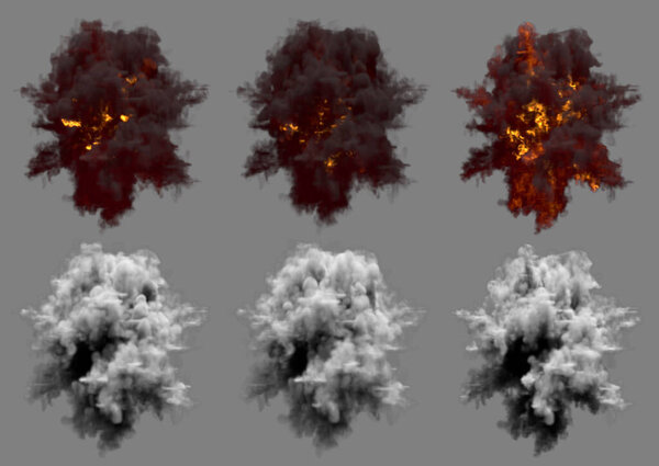 many round explosions of missile interception blast or ack-ack shell hit or view from above on bang isolated on grey - 3D illustration of object