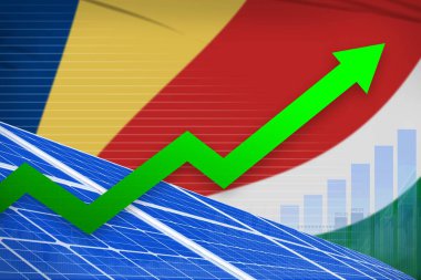 Seyşeller güneş enerjisi güç artışı grafiği, ok yukarı - çevresel enerji endüstriyel illüstrasyonu. 3B Görüntü
