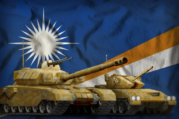 マーシャル諸島の旗の背景にオレンジの迷彩が施された戦車 マーシャル諸島の戦車部隊のコンセプト 3Dイラスト — ストック写真