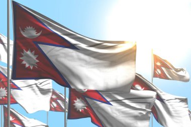 Birçok Nepal bayrakları mavi gökyüzü arka planında dalgalanıyor - herhangi bir kutlama bayrağı 3D illüstrasyon