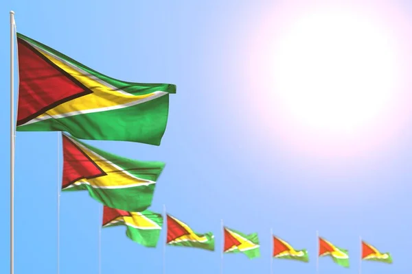 Bastantes Banderas Guyana Colocadas Diagonales Con Enfoque Suave Espacio Vacío — Foto de Stock