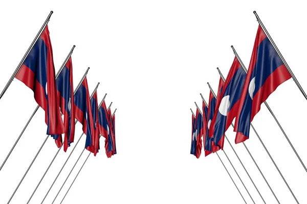 相当多的老挝人民民主共和国国旗挂在左右两面的斜杆上 与白色隔离 任何时候都有国旗3D插图 — 图库照片