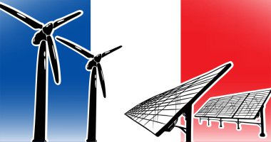 Fransa için alternatif enerji vektörü kavramı bayrak arka planında rüzgar türbinleri ve güneş panelleri, kullanılan mavi, kırmızı, beyaz renkler