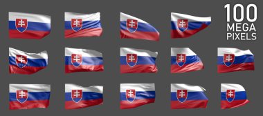 Gri zemin üzerinde izole edilmiş bir çok farklı Slovakya bayrağı görüntüsü - nesnenin 3B görüntüsü