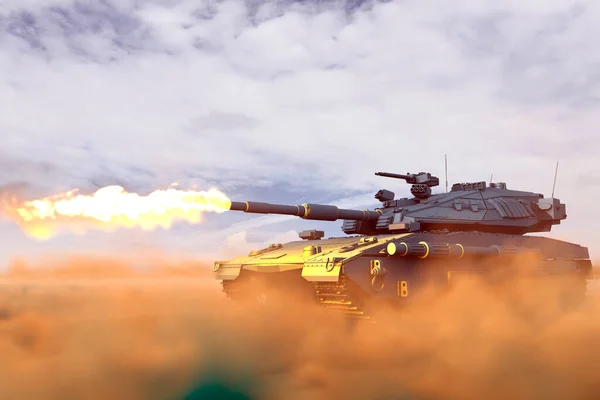 在沙漠中配备虚构设计战斗镜头的重型坦克 高分辨率胜利日概念 军事三维图解 — 图库照片