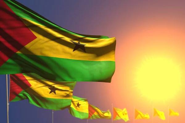 Wunderbare Viele Flaggen Von Sao Tome Und Principe Bei Sonnenuntergang — Stockfoto