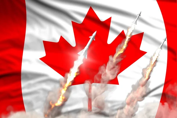 Kanada Nuklearraketenstart Modernes Konzept Strategischer Atomraketen Auf Fahnenstoff Hintergrund Militärisch — Stockfoto