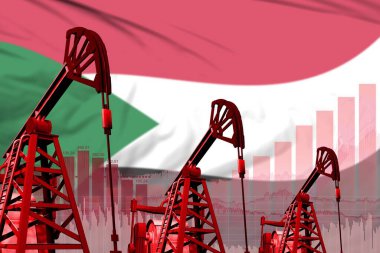 Sudan petrol ve petrol endüstrisi konsepti, Sudan bayrağı arka planında endüstriyel illüstrasyon. 3B Görüntü
