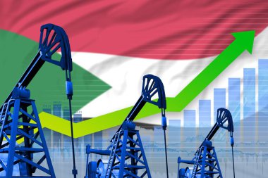 Sudan petrol endüstrisi konsepti, endüstriyel illüstrasyon Sudan bayrağı arka planında büyüyen grafik. 3B Görüntü