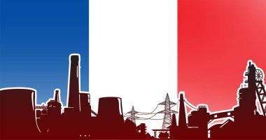 Fransa 'nın ağır sanayii vektör illüstrasyonu bayrak arka planında elektrik santrali, fabrika ve maden tesisi ile kırmızıya boyanmış mavi, kırmızı, beyaz renklerle