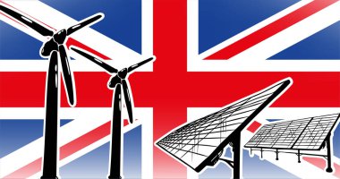 Birleşik Krallık (İngiltere) için alternatif enerji vektörü kavramı bayraklı rüzgar türbinleri ve güneş panelleri, kullanılan mavi, kırmızı, beyaz renkler