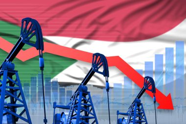 Sudan petrol endüstrisi konsepti, endüstriyel illüstrasyon Sudan bayrağı arkaplanının alçaltılması ve düşmesi. 3B Görüntü