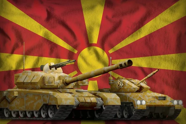 Tankar Med Orange Kamouflage Makedonien Flagga Bakgrund Makedoniens Stridsvagnsstyrka Illustration — Stockfoto