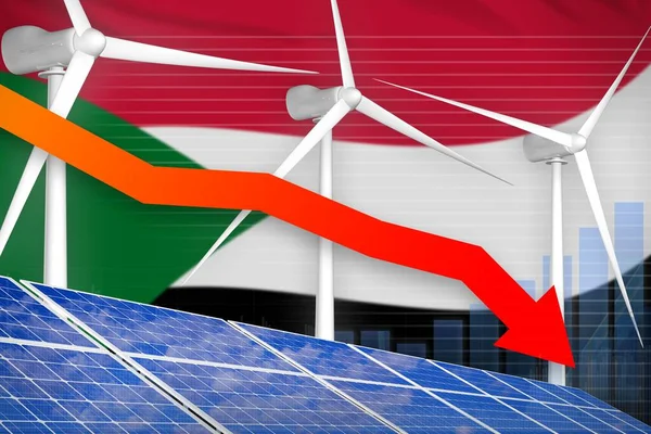 Sudan solar and wind energy lowering chart, arrow down  - green energy industrial illustration. 3D Illustration
