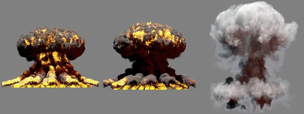 灰色の背景に隔離された煙と炎で融合爆弾の3つの大きな異なる相火キノコ雲爆発 爆発の3Dイラスト — ストック写真