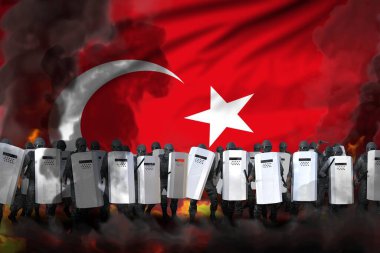 Türkiye konsepti durdurmayı protesto etti, polis özel kuvvetleri ağır duman ve ateş altında hükümeti isyana karşı korudu - bayrak arka planında askeri illüstrasyon