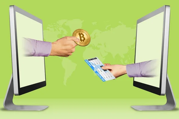 commerce concept, hands from displays. hand with bitcoin and air ticket . 3d illustration