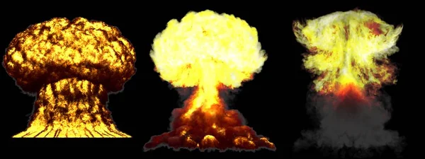 3个非常详细的核爆炸的不同阶段蘑菇云雾大爆炸 在黑色三维的爆炸图解中 烟雾与火隔离 — 图库照片