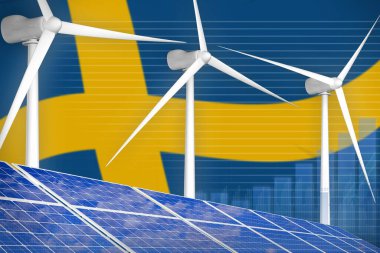 İsveç güneş enerjisi ve rüzgar enerjisi dijital grafik konsepti - modern enerji endüstriyel illüstrasyon. 3B Görüntü