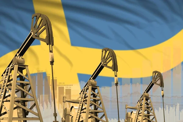 Sweden oil and petrol industry concept, industrial illustration on Sweden flag background. 3D Illustration