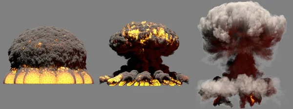 灰色の背景に隔離された煙と炎で超爆弾の3つの大きな異なる相火キノコ雲爆発 爆発の3Dイラスト — ストック写真
