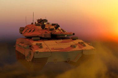 Çölde gün batımında kurgusal tasarımı olan 3D çöl rengi askeri tankın askeri tasarımı, çok yüksek çözünürlüklü onur kavramı