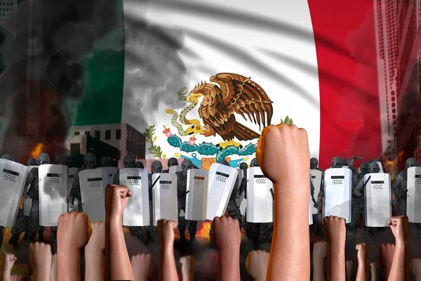 Concepto Detención Disturbios Protesta México Sobre Fondo Bandera Policía Pone —  Fotos de Stock