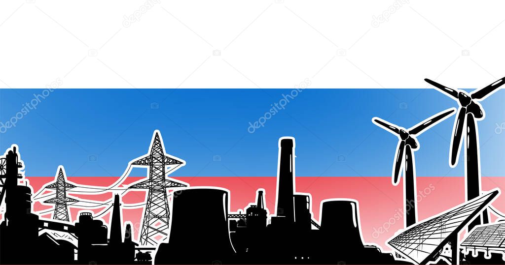 Energy production in Russia vector with solar panels, wind turbine, atomic and heat power plants and electric lines