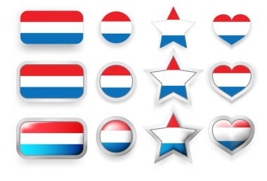 Hollanda bayrak düğmesinin vektör etiketleri, yuvarlak düğme, yıldız ve kalp işaretleri bayrak renklerinde kırmızı, mavi, beyaz poster veya broşür için