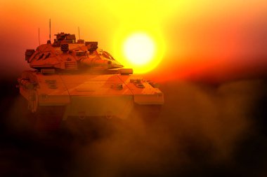 Çölde gün batımında kurgusal bir tasarımı olan çöl rengi ordu tankının 3D askeri tasviri, gaziler günü konsepti.