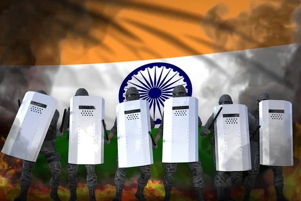 India protest fighting concept, police squad in heavy smoke and fire protecting peaceful people against riot - military 3D Illustration on flag background