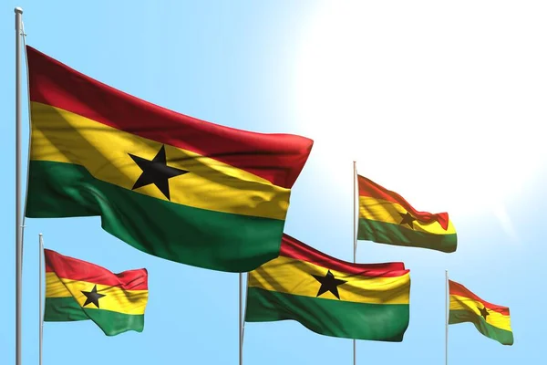 Wunderbare Flaggen Von Ghana Wehen Auf Blauem Himmel Hintergrund Jede — Stockfoto